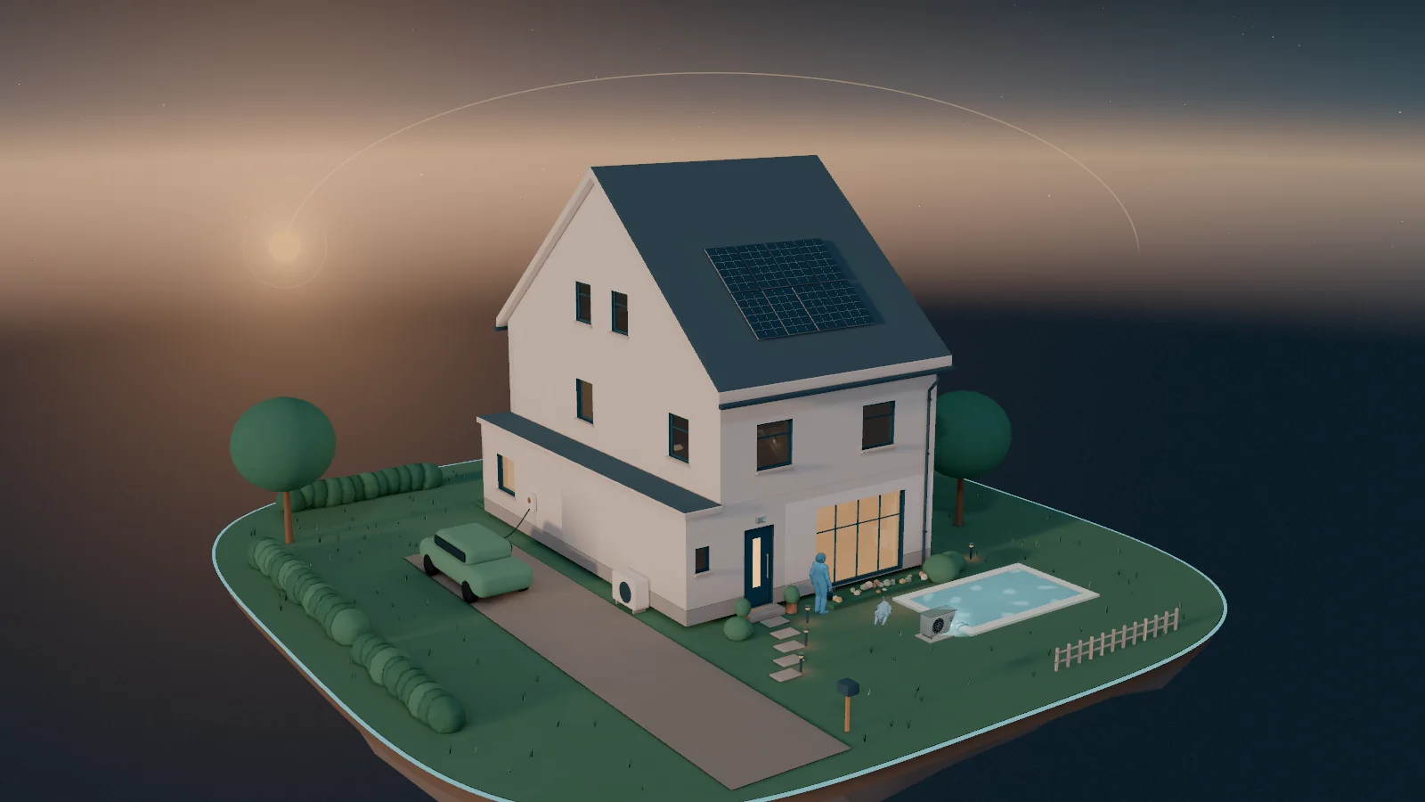 Een huis op een eiland bij het ochtendgloren.
