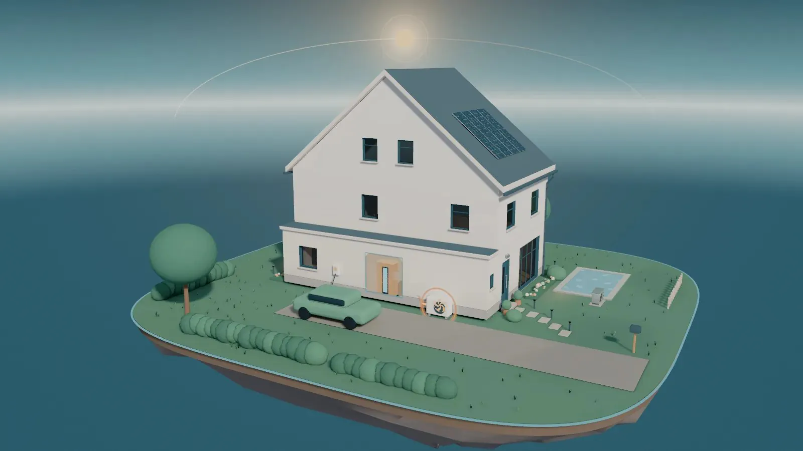 Het gestileerde huis op de middag, met de zon boven het dak