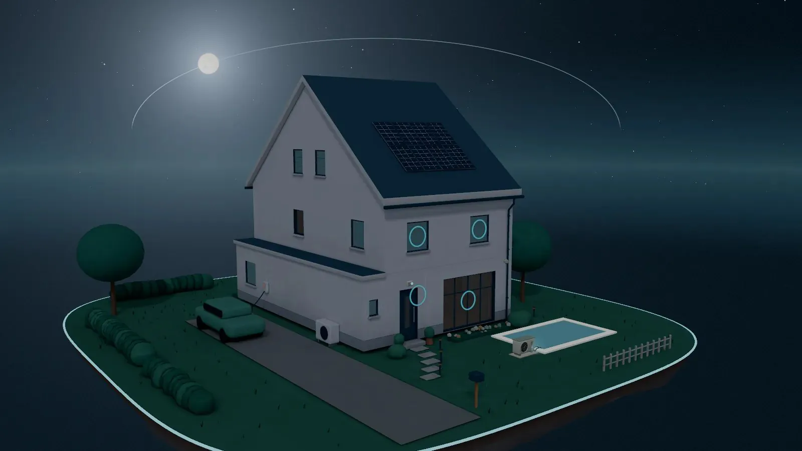 Het gestileerde huis ’s nachts onder de maan, de rolluiken dicht