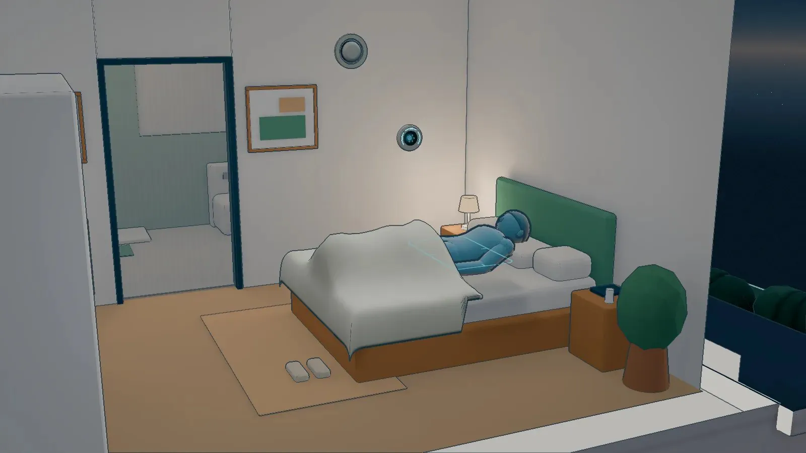 Een slaapkamer in het huis, iemand slaapt, een nachtlampje brandt